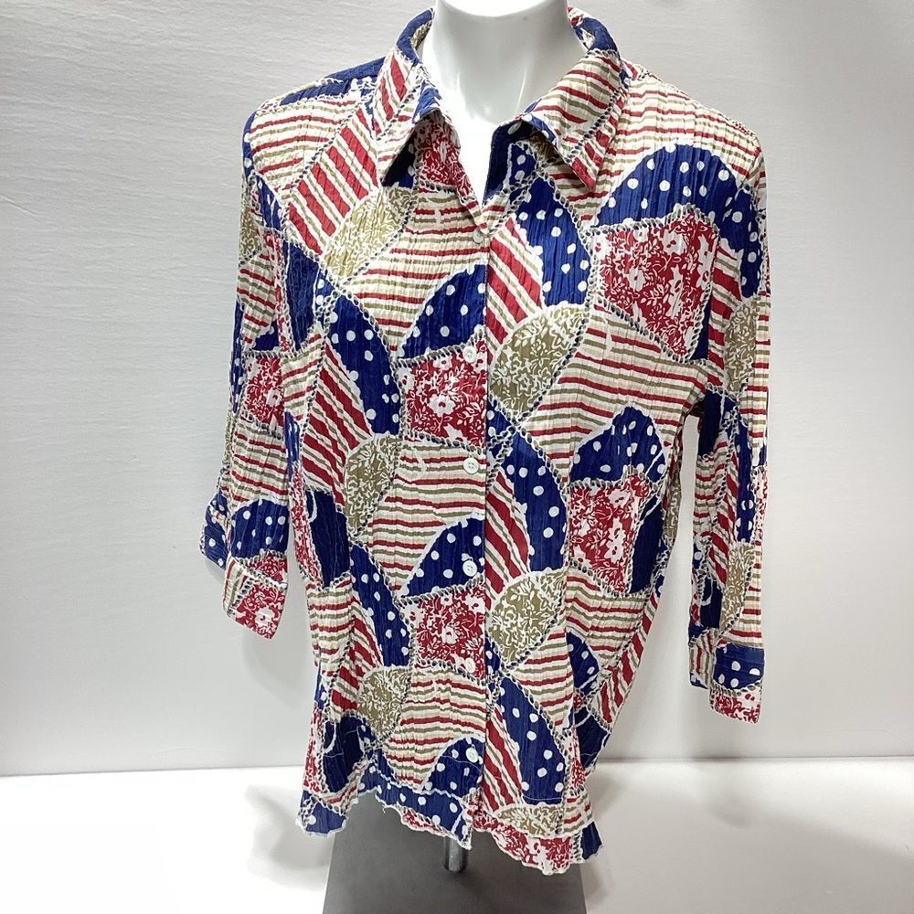 CJ Banks Colorful Patterned Blouse Crinkled Button Front Collar 1X Mid Sleeve
